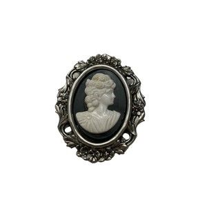 Vintage Cameo Pin Silver Toned Black White Goth Halloween Estate Brooch